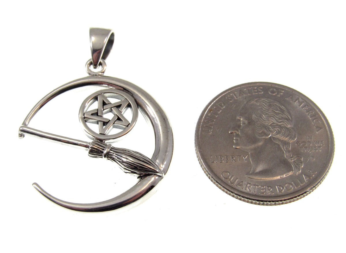 Solid 925 Sterling Silver Crescent Moon Pentacle Pendant, Witch Broom Pagan Wiccan Magic Amulet Jewelry