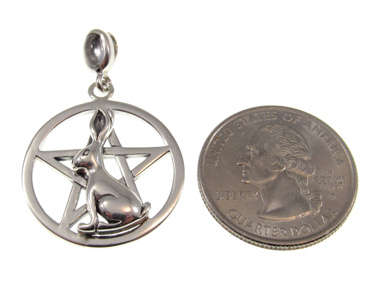 Solid 925 Sterling Silver Rabbit Pentacle Pendant, Pagan Wiccan Ostara Jewelry, Spring Equinox Amulet