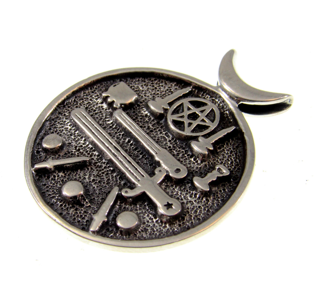 Solid 925 Sterling Silver Wiccan Ritual Tools Pendant, Pentacle Athame Chalice Pagan Amulet