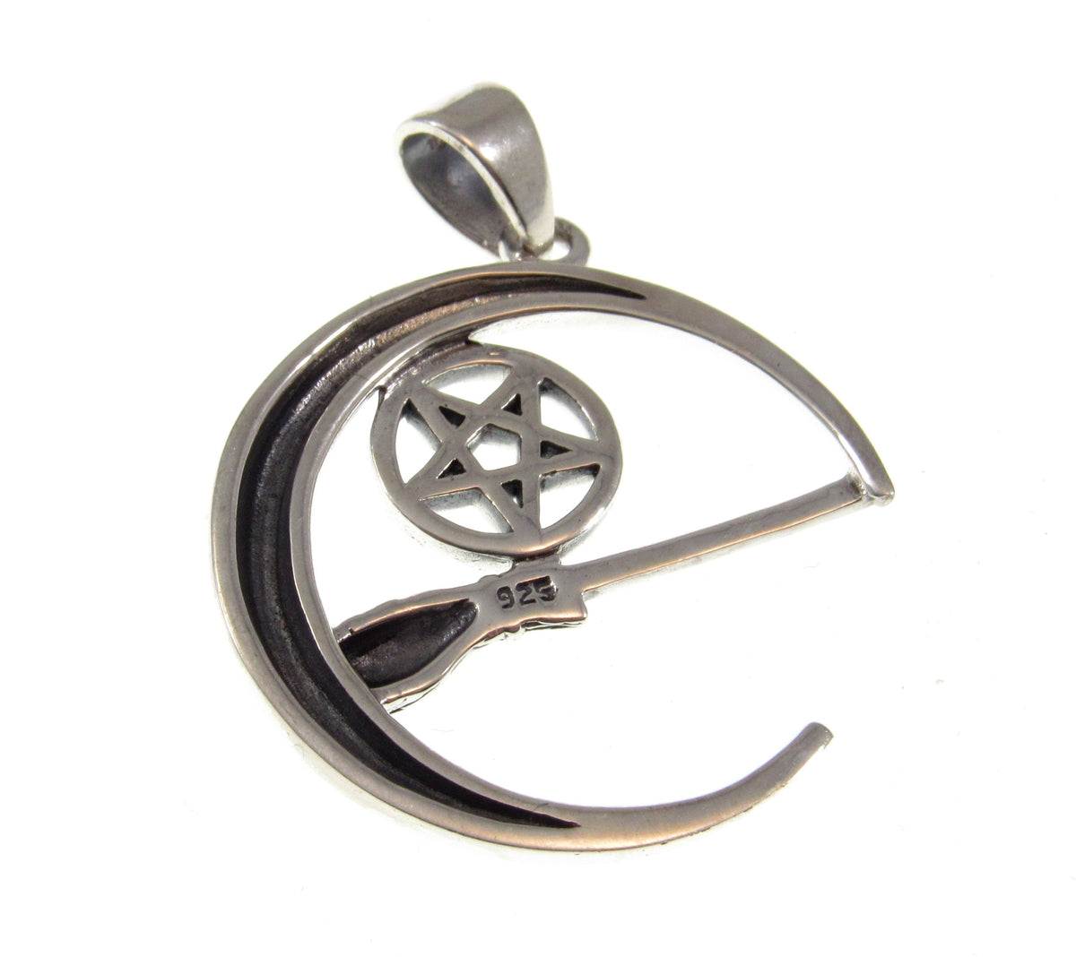 Solid 925 Sterling Silver Crescent Moon Pentacle Pendant, Witch Broom Pagan Wiccan Magic Amulet Jewelry