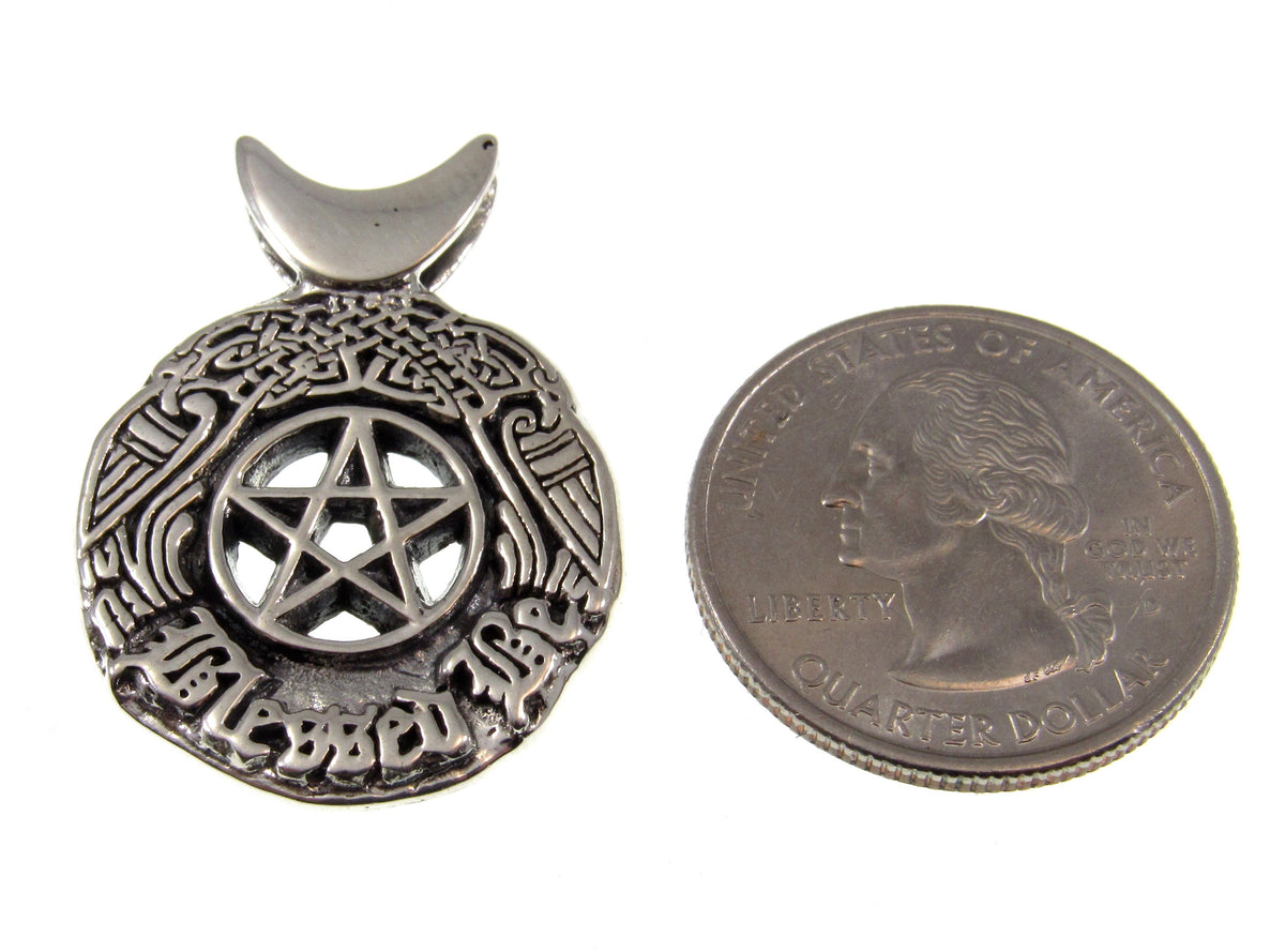 Solid 925 Sterling Silver Blessed Be the Star Crescent Moon Pentacle Pendant, Celtic Birds & Knotwork, Witch's Magic Amulet