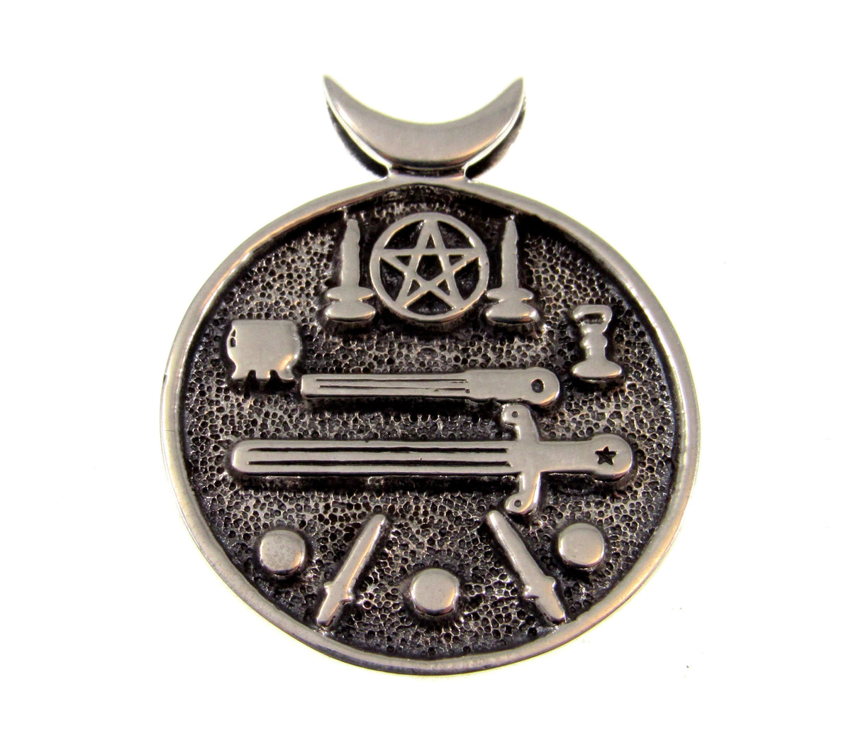 Solid 925 Sterling Silver Wiccan Ritual Tools Pendant, Pentacle Athame Chalice Pagan Amulet