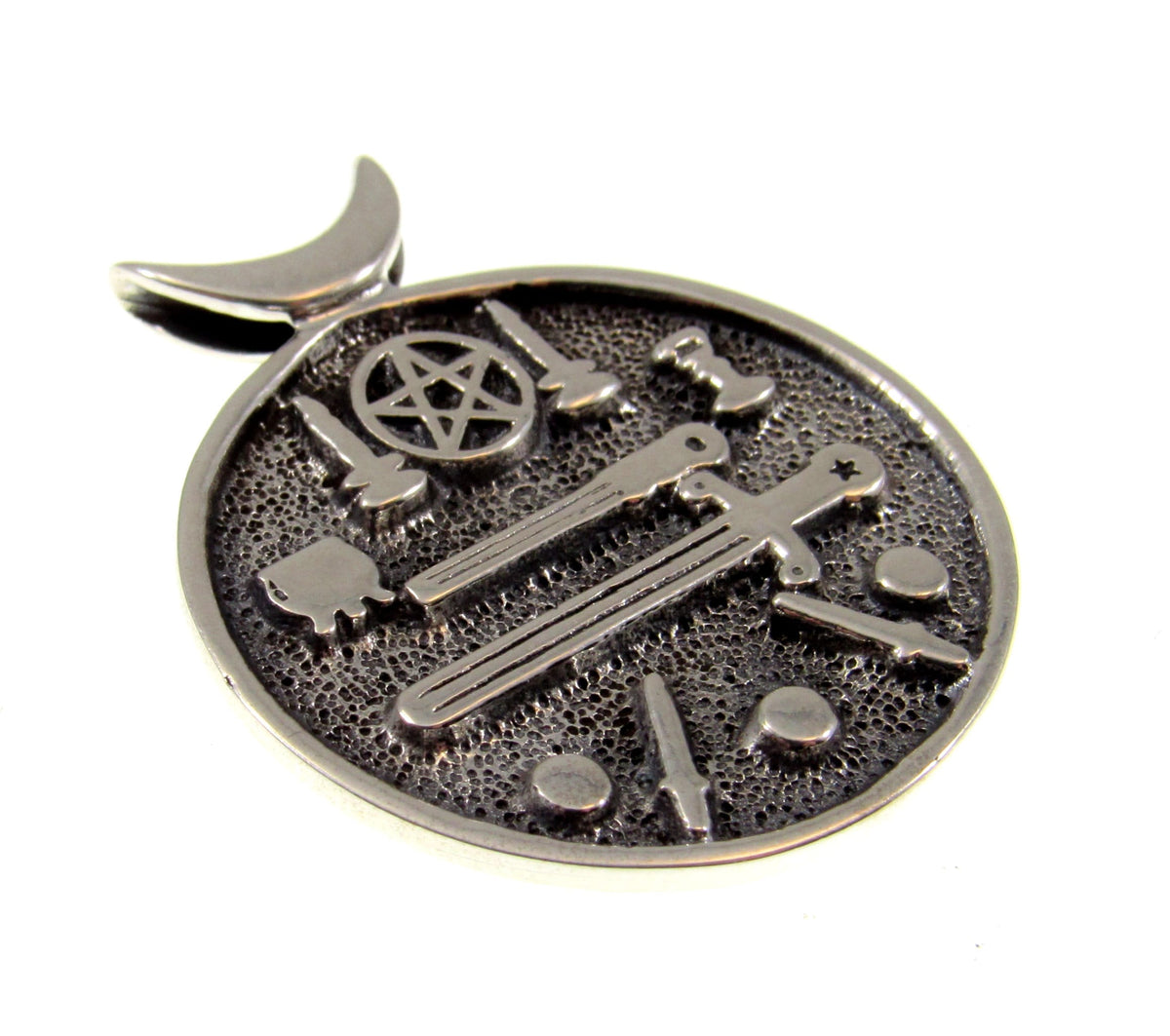 Solid 925 Sterling Silver Wiccan Ritual Tools Pendant, Pentacle Athame Chalice Pagan Amulet