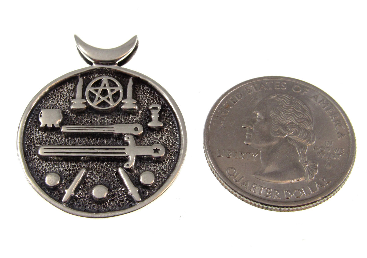 Solid 925 Sterling Silver Wiccan Ritual Tools Pendant, Pentacle Athame Chalice Pagan Amulet