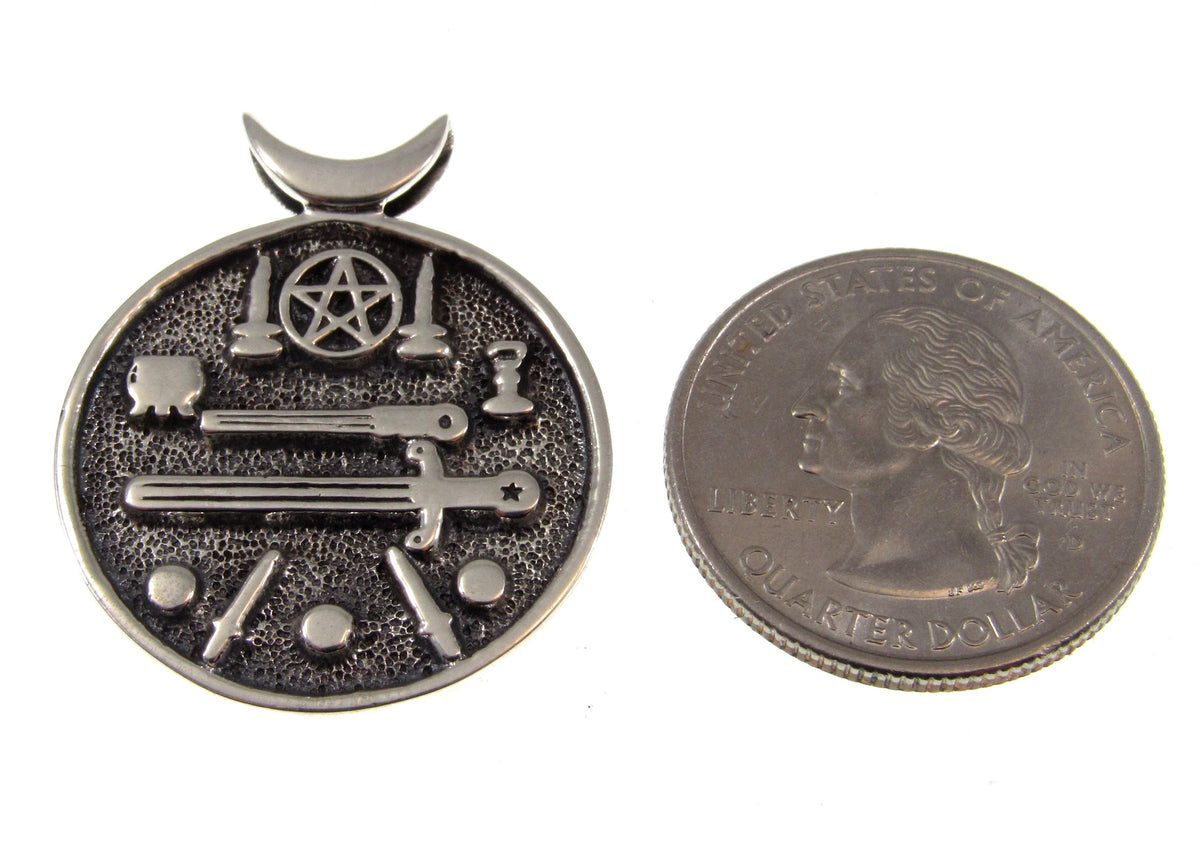 Solid 925 Sterling Silver Wiccan Ritual Tools Pendant, Pentacle Athame Chalice Pagan Amulet