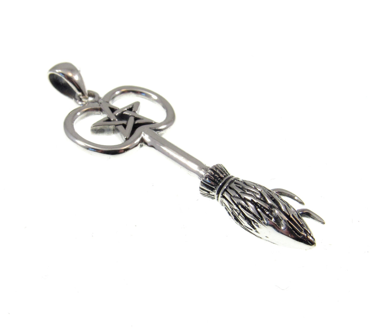 Solid 925 Sterling Silver Besom Key Pendant. Witch’s Broom Pentacle, Pagan Amulet, Wiccan Jewelry