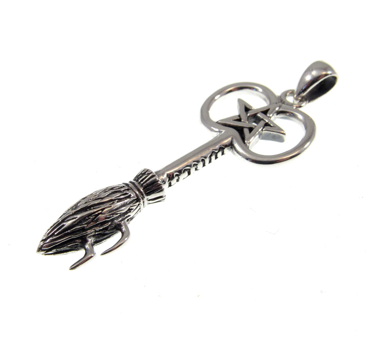 Solid 925 Sterling Silver Besom Key Pendant. Witch’s Broom Pentacle, Pagan Amulet, Wiccan Jewelry