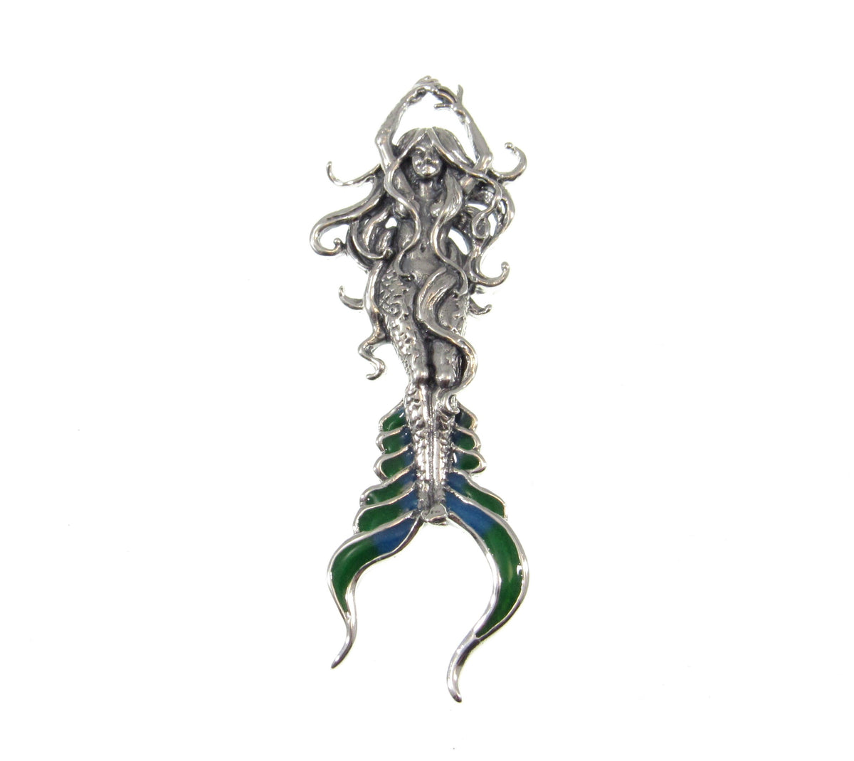 Solid 925 Sterling Silver Atlantis Mermaid Pendant with Green Enamel Tail, Designed by Artist Selina Fenech