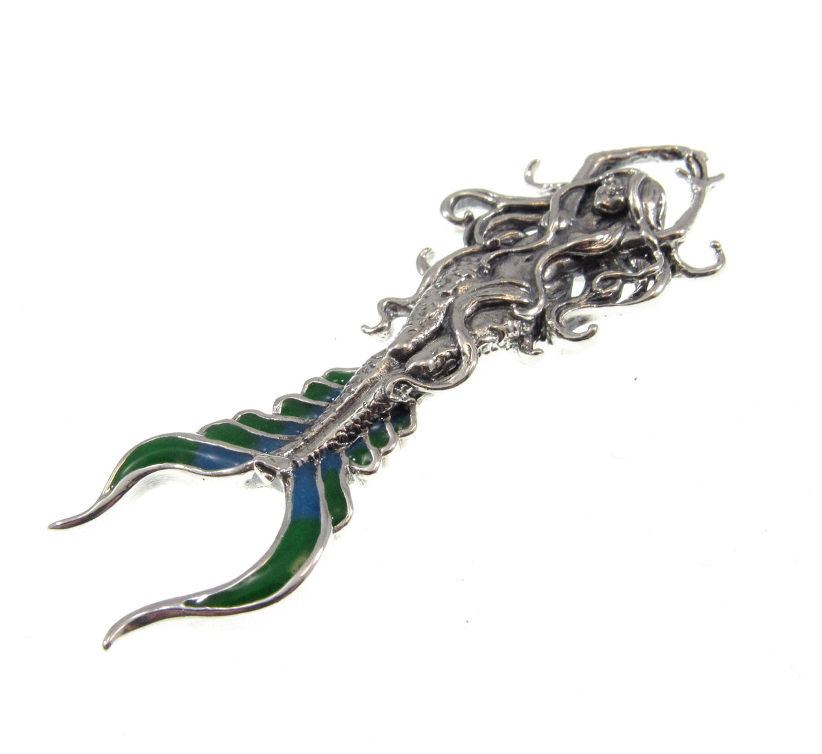 Solid 925 Sterling Silver Atlantis Mermaid Pendant with Green Enamel Tail, Designed by Artist Selina Fenech