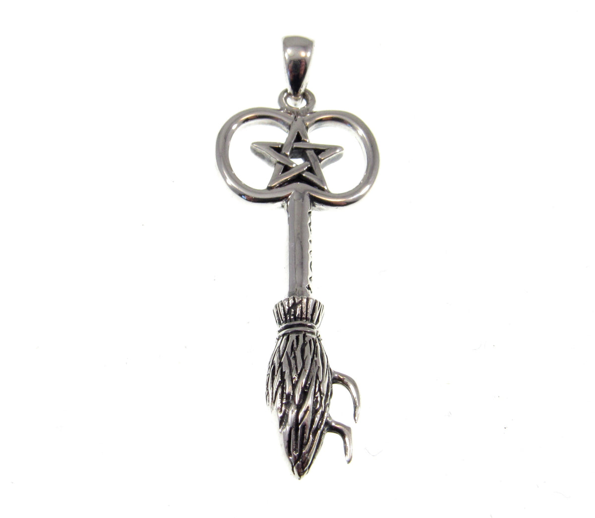 Solid 925 Sterling Silver Besom Key Pendant. Witch’s Broom Pentacle, Pagan Amulet, Wiccan Jewelry
