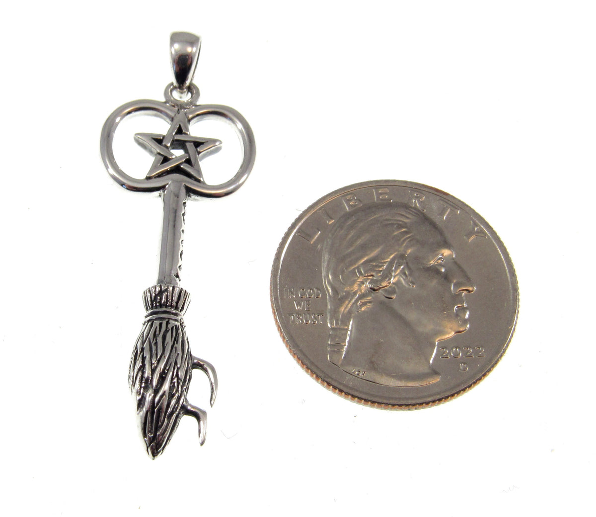 Solid 925 Sterling Silver Besom Key Pendant. Witch’s Broom Pentacle, Pagan Amulet, Wiccan Jewelry