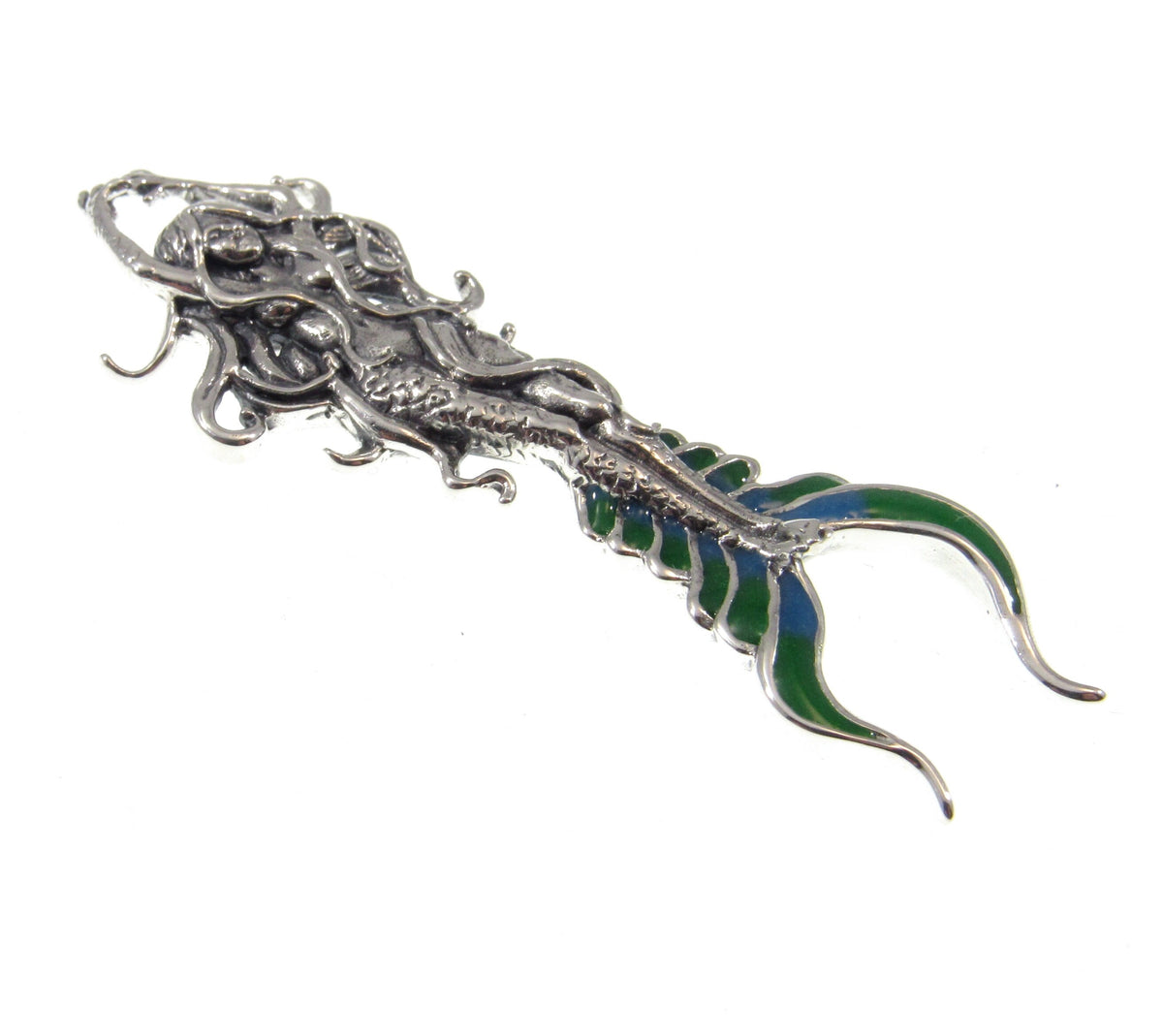 Solid 925 Sterling Silver Atlantis Mermaid Pendant with Green Enamel Tail, Designed by Artist Selina Fenech