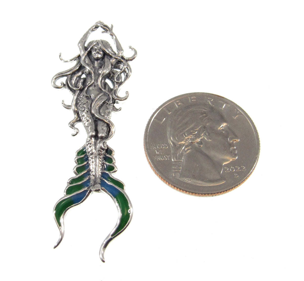 Solid 925 Sterling Silver Atlantis Mermaid Pendant with Green Enamel Tail, Designed by Artist Selina Fenech