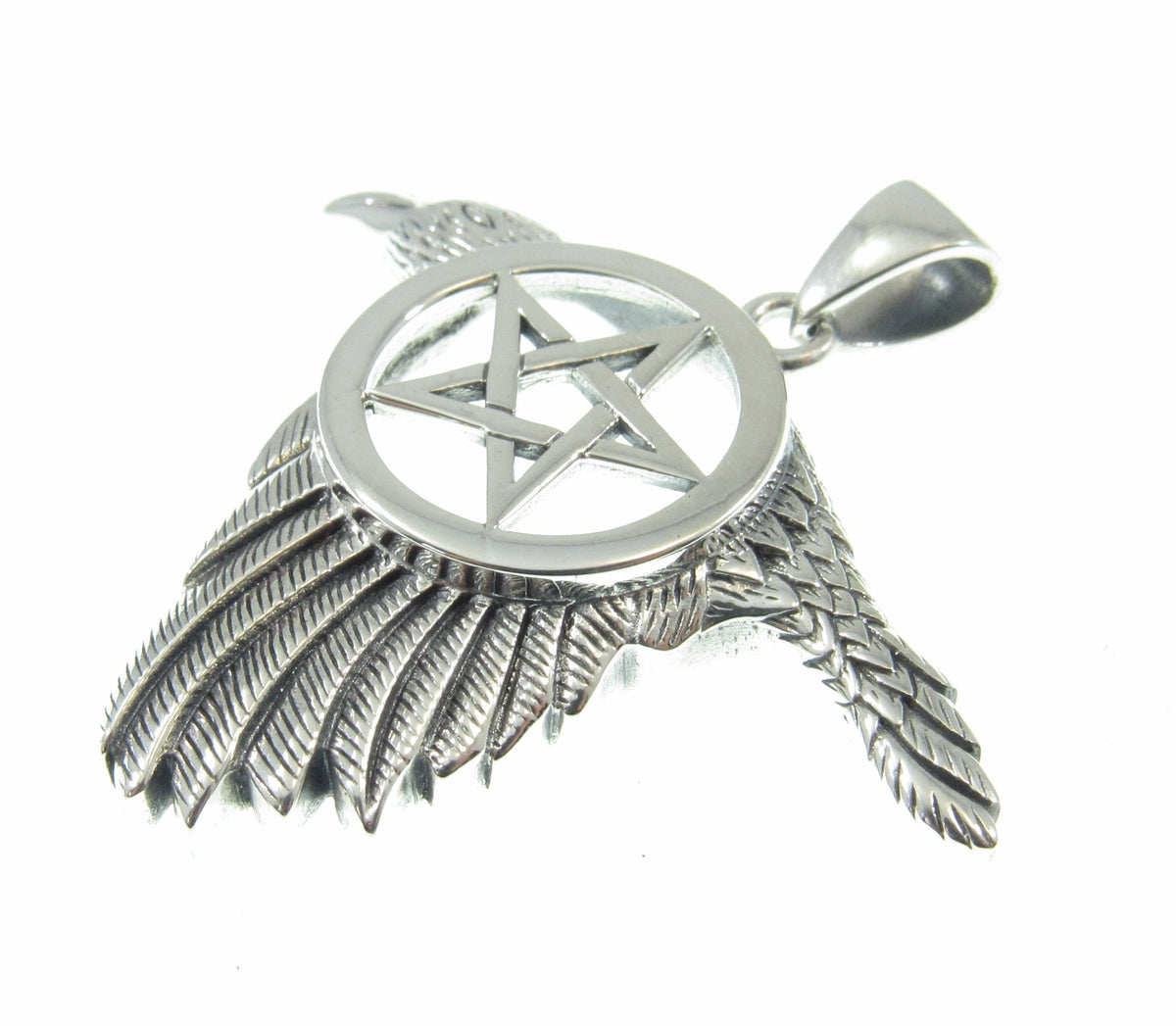 Solid 925 Sterling Silver Raven Pentacle Pendant, Pagan Wiccan Amulet, Elemental Symbol Jewelry