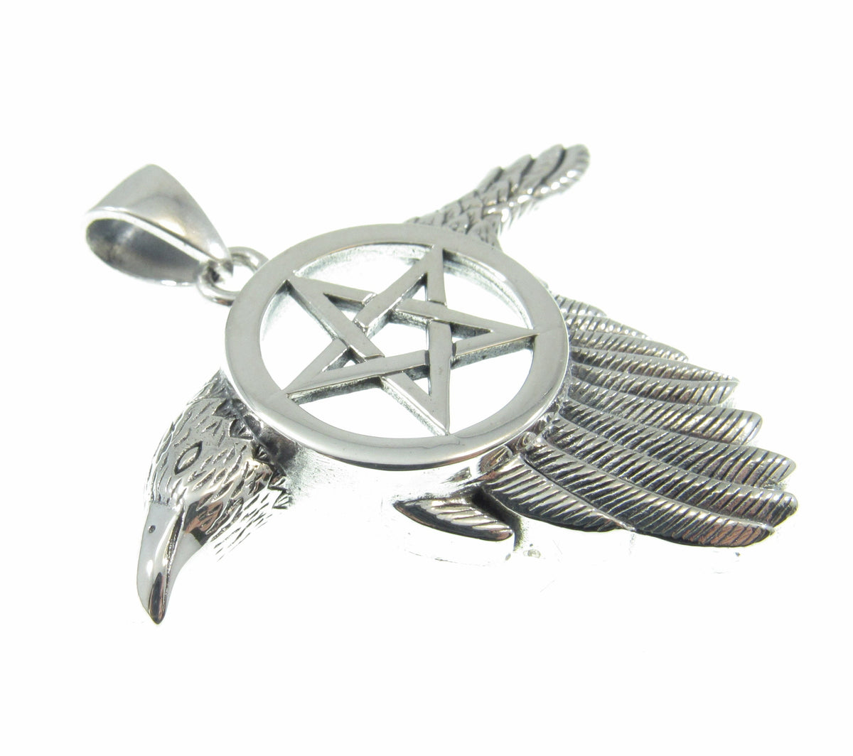 Solid 925 Sterling Silver Raven Pentacle Pendant, Pagan Wiccan Amulet, Elemental Symbol Jewelry