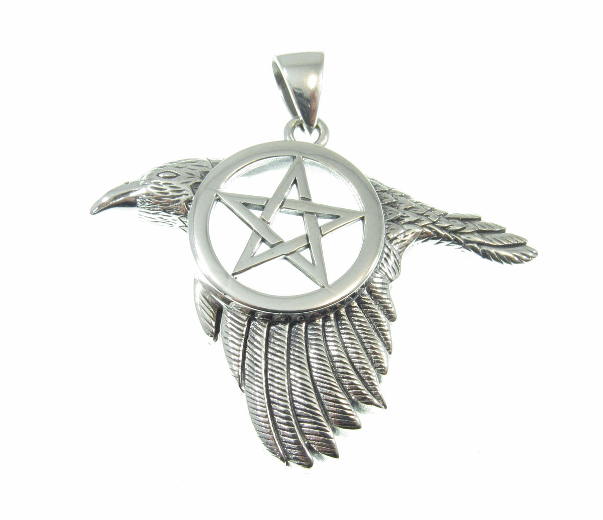 Solid 925 Sterling Silver Raven Pentacle Pendant, Pagan Wiccan Amulet, Elemental Symbol Jewelry