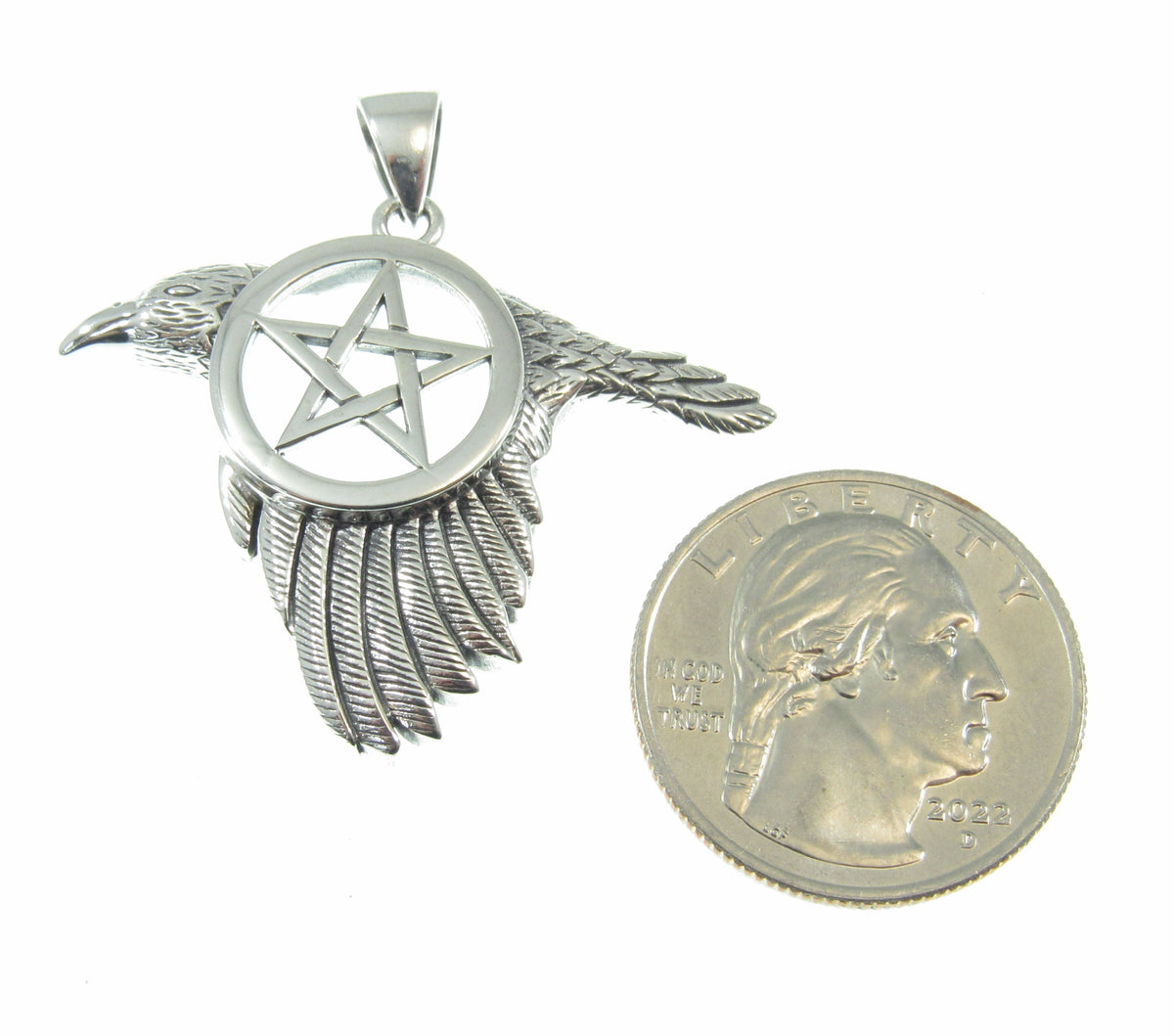 Solid 925 Sterling Silver Raven Pentacle Pendant, Pagan Wiccan Amulet, Elemental Symbol Jewelry