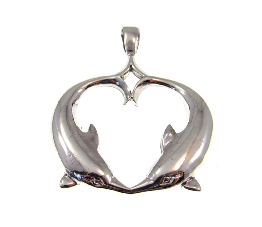 Solid 925 Sterling Silver Double Dolphin Heart Pendant, Pair of Dolphins Slide Pendant