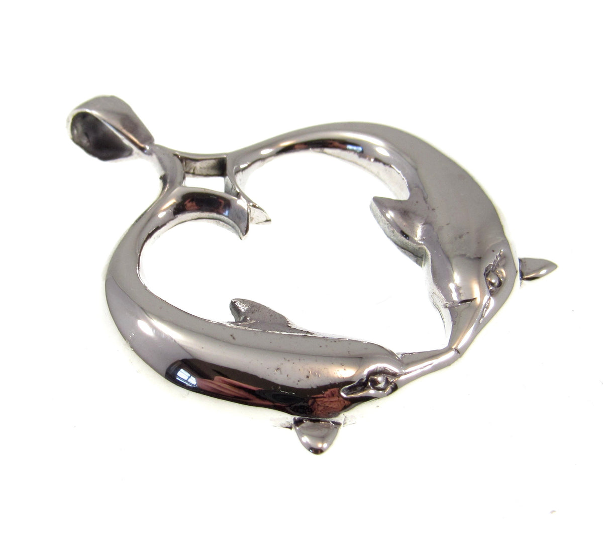 Solid 925 Sterling Silver Double Dolphin Heart Pendant, Pair of Dolphins Slide Pendant