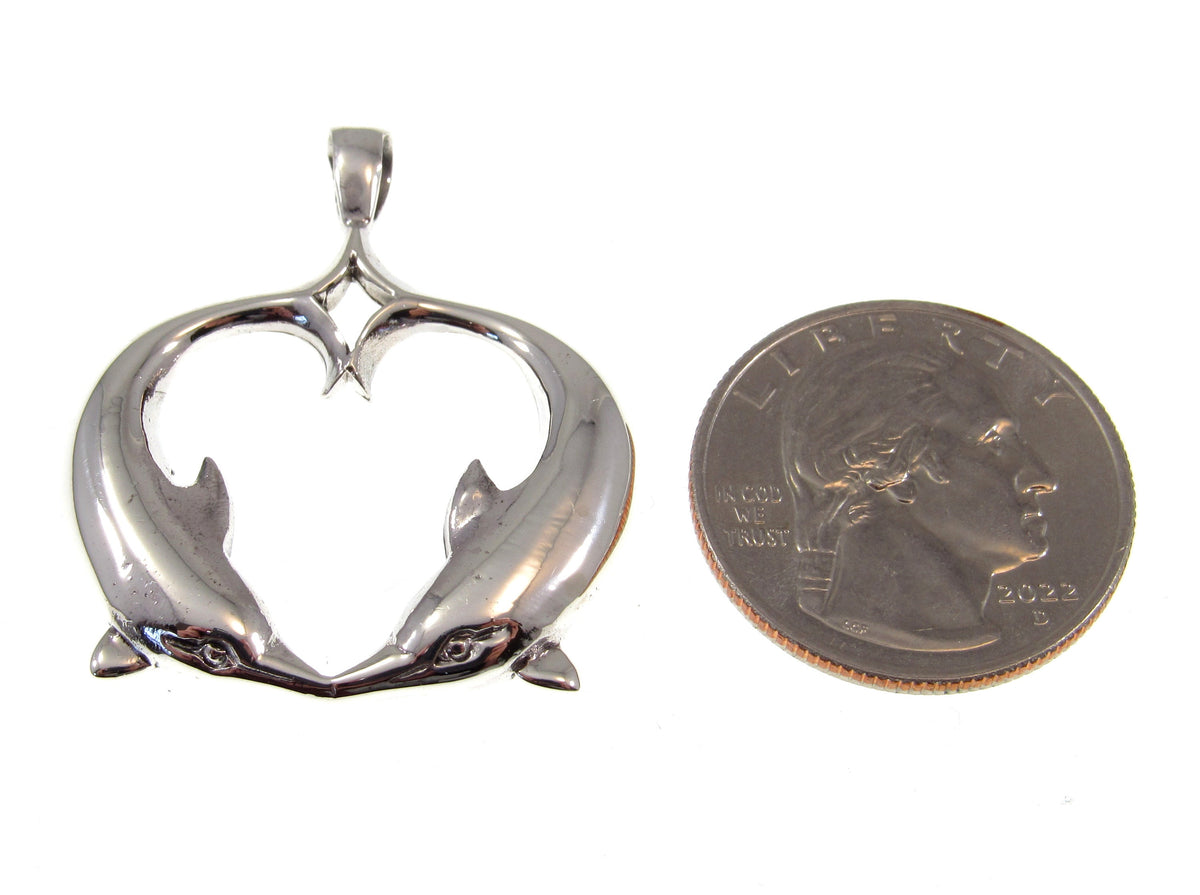 Solid 925 Sterling Silver Double Dolphin Heart Pendant, Pair of Dolphins Slide Pendant