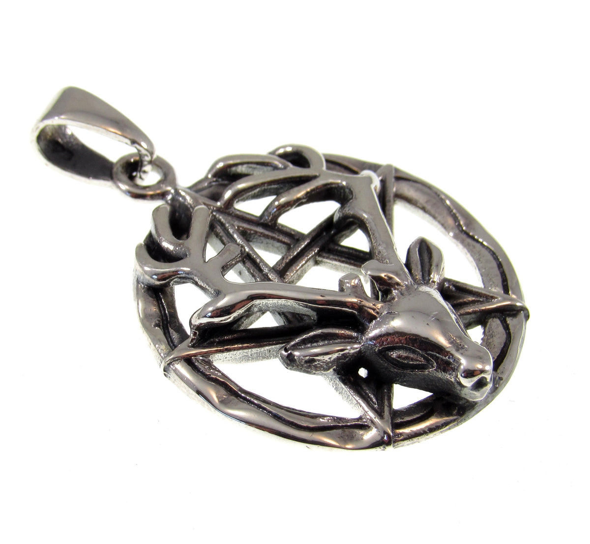 Solid 925 Sterling Silver Horned God Pentagram Pendant – Cernunnos Stag Pentacle, Pagan Protection Amulet