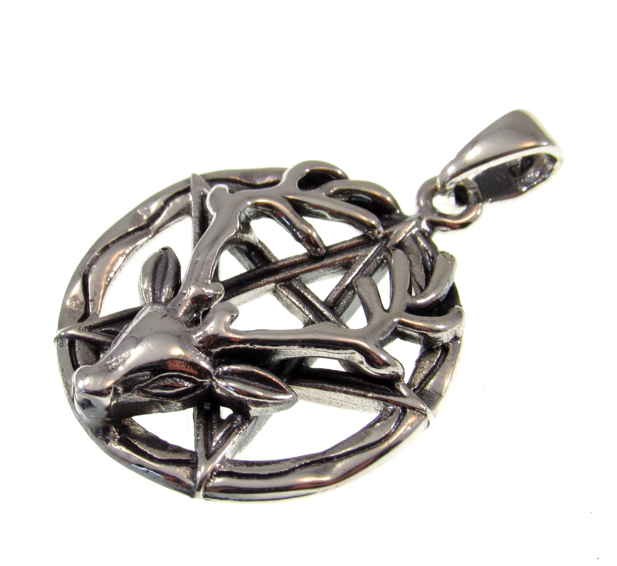 Solid 925 Sterling Silver Horned God Pentagram Pendant – Cernunnos Stag Pentacle, Pagan Protection Amulet