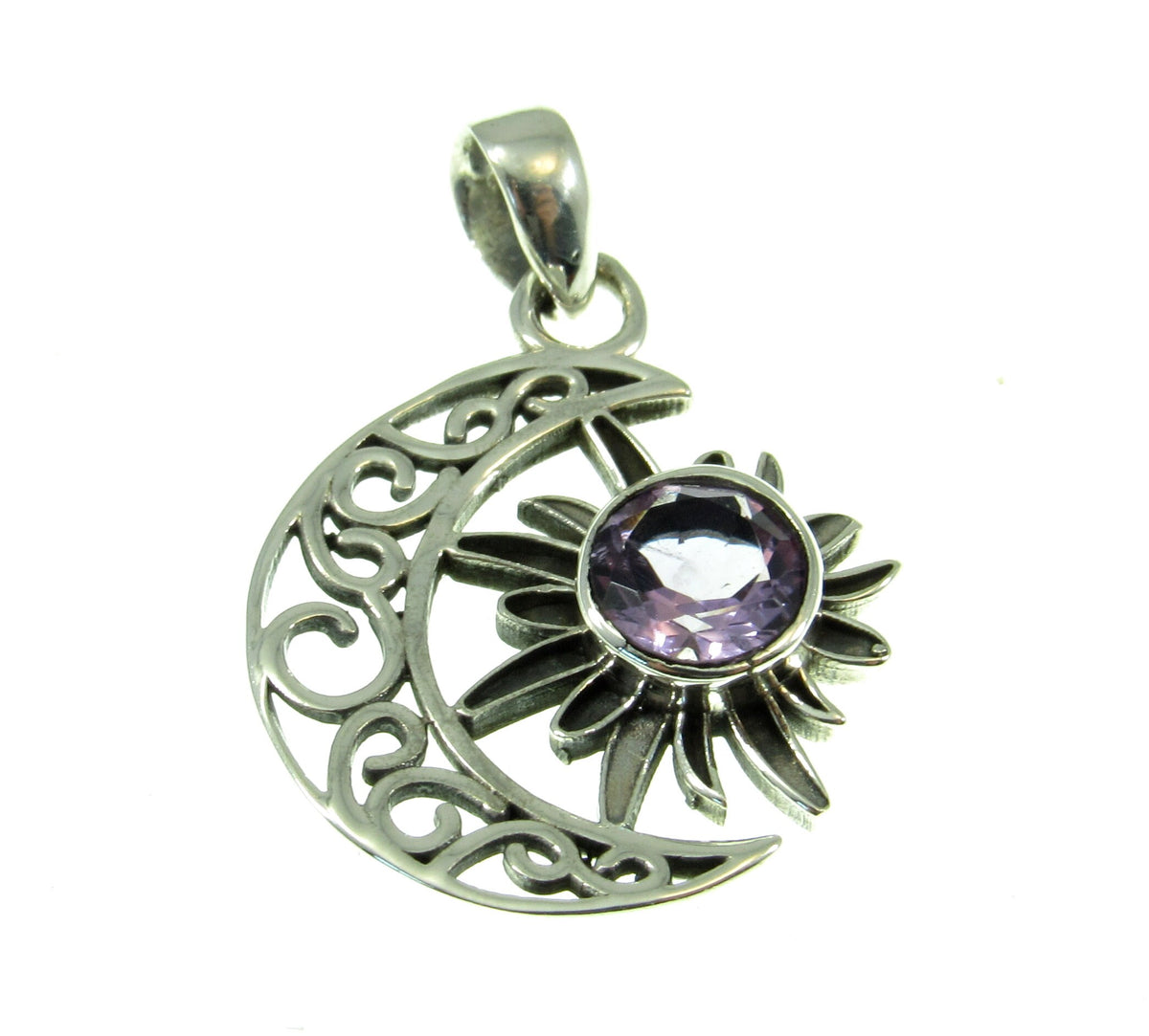 Solid 925 Sterling Silver Crescent Moon & Sun Gemstone Pendant - Amethyst, Citrine, Labradorite, Moonstone, Turquoise