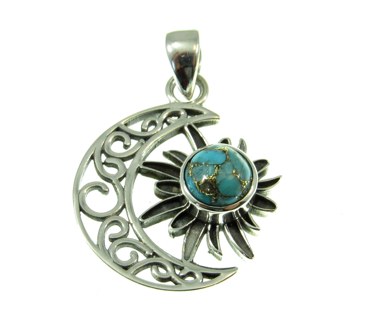 Solid 925 Sterling Silver Crescent Moon & Sun Gemstone Pendant - Amethyst, Citrine, Labradorite, Moonstone, Turquoise