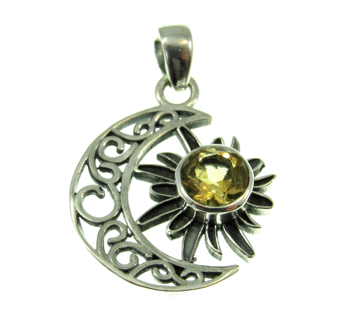 Solid 925 Sterling Silver Crescent Moon & Sun Gemstone Pendant - Amethyst, Citrine, Labradorite, Moonstone, Turquoise