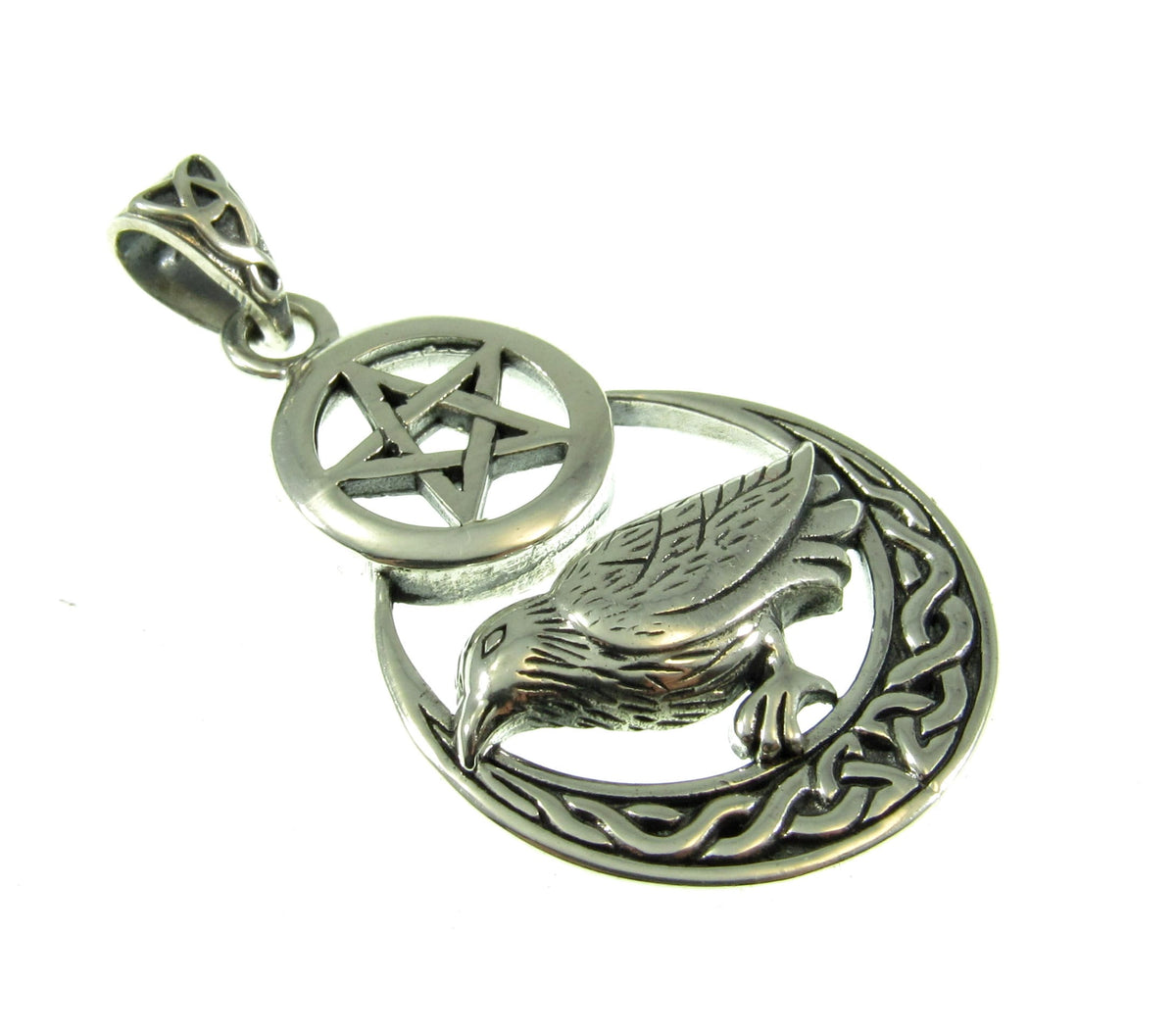 Solid 925 Sterling Silver Raven Celtic Crescent Moon Pentacle Pendant, Pagan Wiccan Witch Amulet
