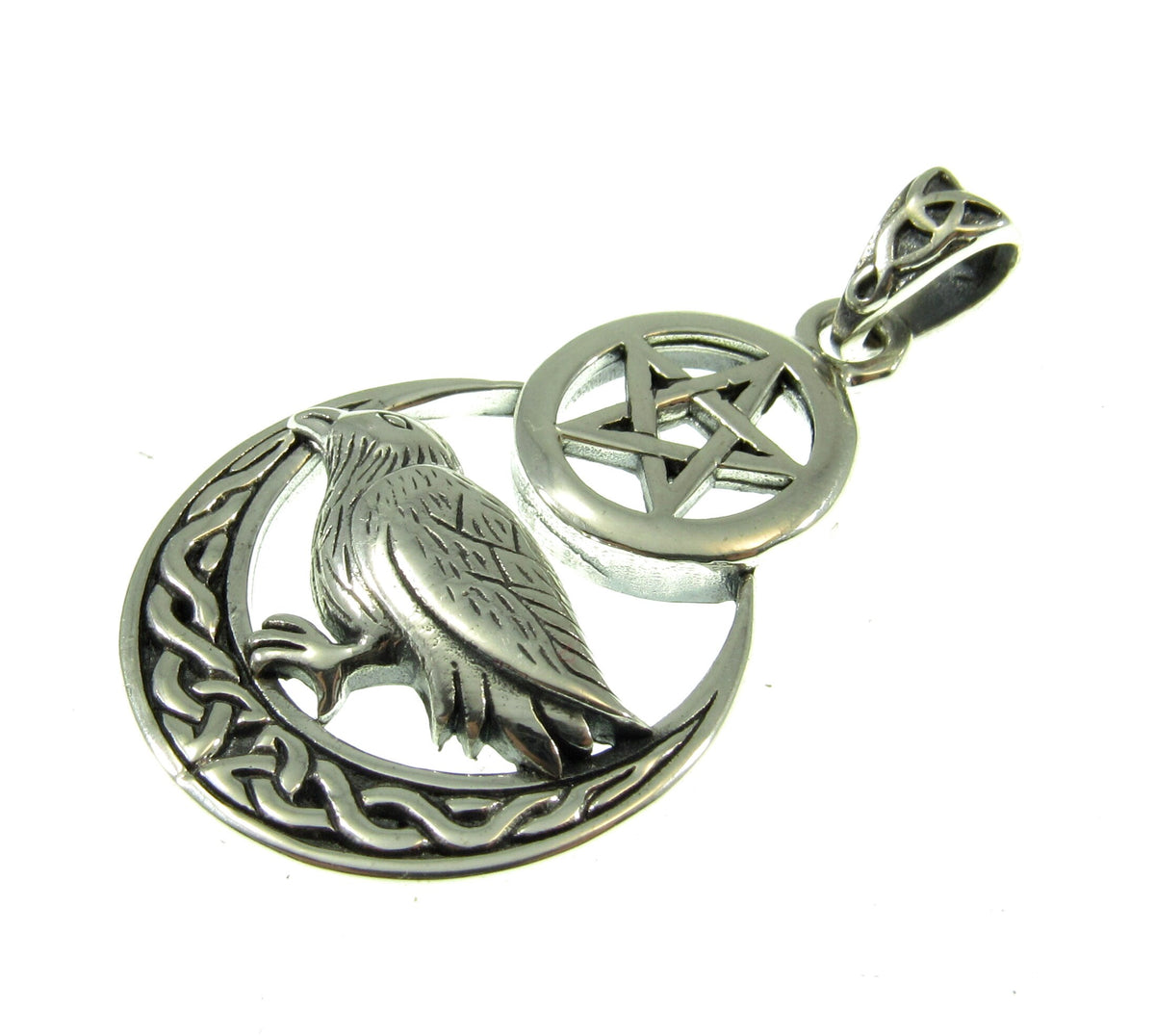 Solid 925 Sterling Silver Raven Celtic Crescent Moon Pentacle Pendant, Pagan Wiccan Witch Amulet