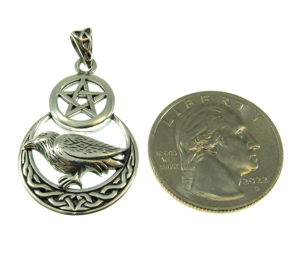 Solid 925 Sterling Silver Raven Celtic Crescent Moon Pentacle Pendant, Pagan Wiccan Witch Amulet