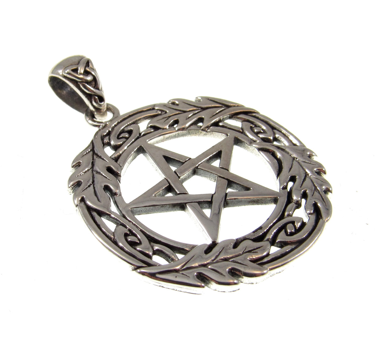 Solid 925 Sterling Silver Oak Leaf Pentacle Pendant, Celtic Knotwork, Pagan Amulet, Wiccan Talisman