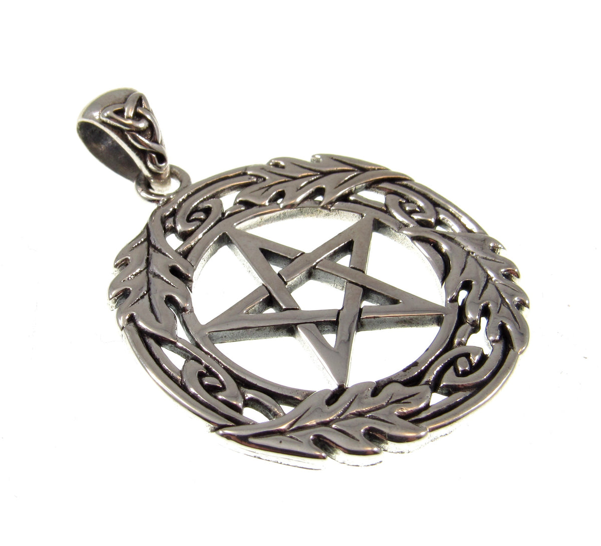 Solid 925 Sterling Silver Oak Leaf Pentacle Pendant, Celtic Knotwork, Pagan Amulet, Wiccan Talisman
