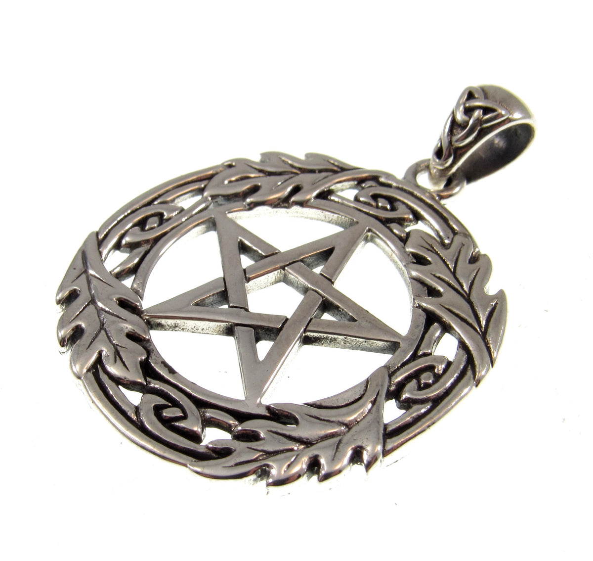 Solid 925 Sterling Silver Oak Leaf Pentacle Pendant, Celtic Knotwork, Pagan Amulet, Wiccan Talisman