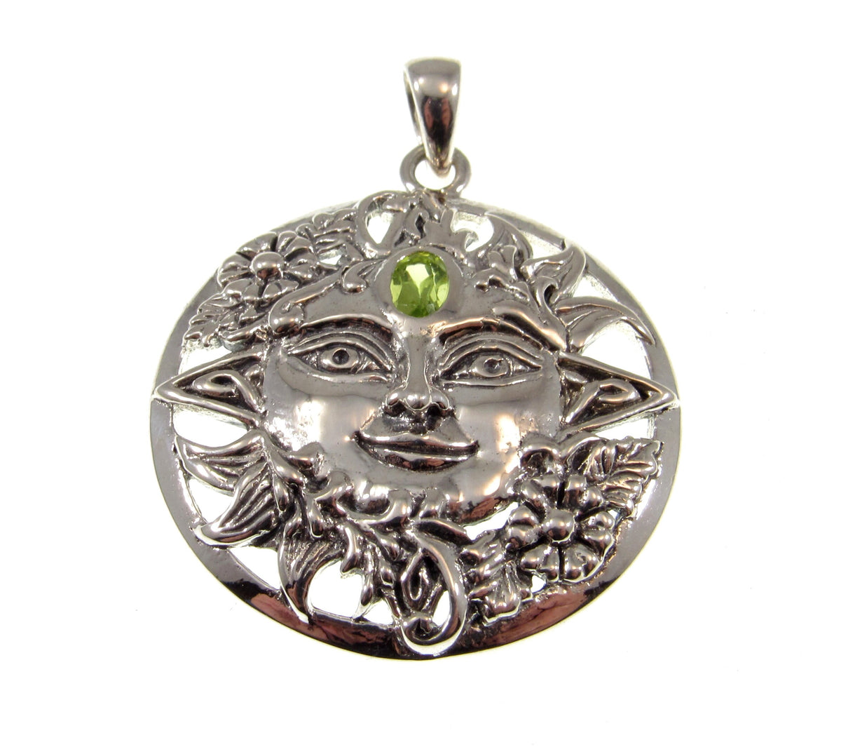 Solid 925 Sterling Silver Spring Sun Face Pendant with Peridot, Floral Solar Talisman