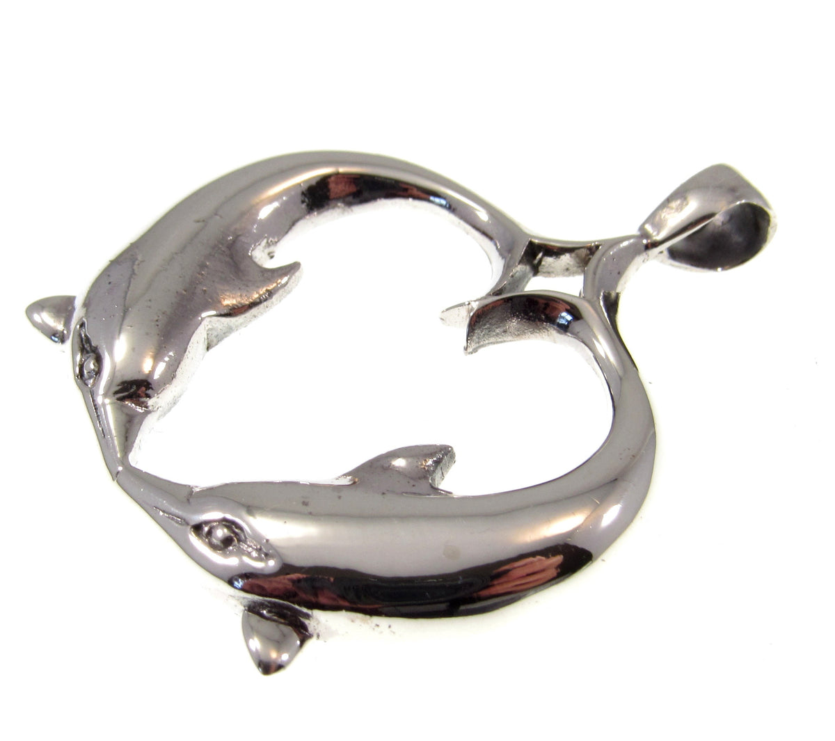 Solid 925 Sterling Silver Double Dolphin Heart Pendant, Pair of Dolphins Slide Pendant