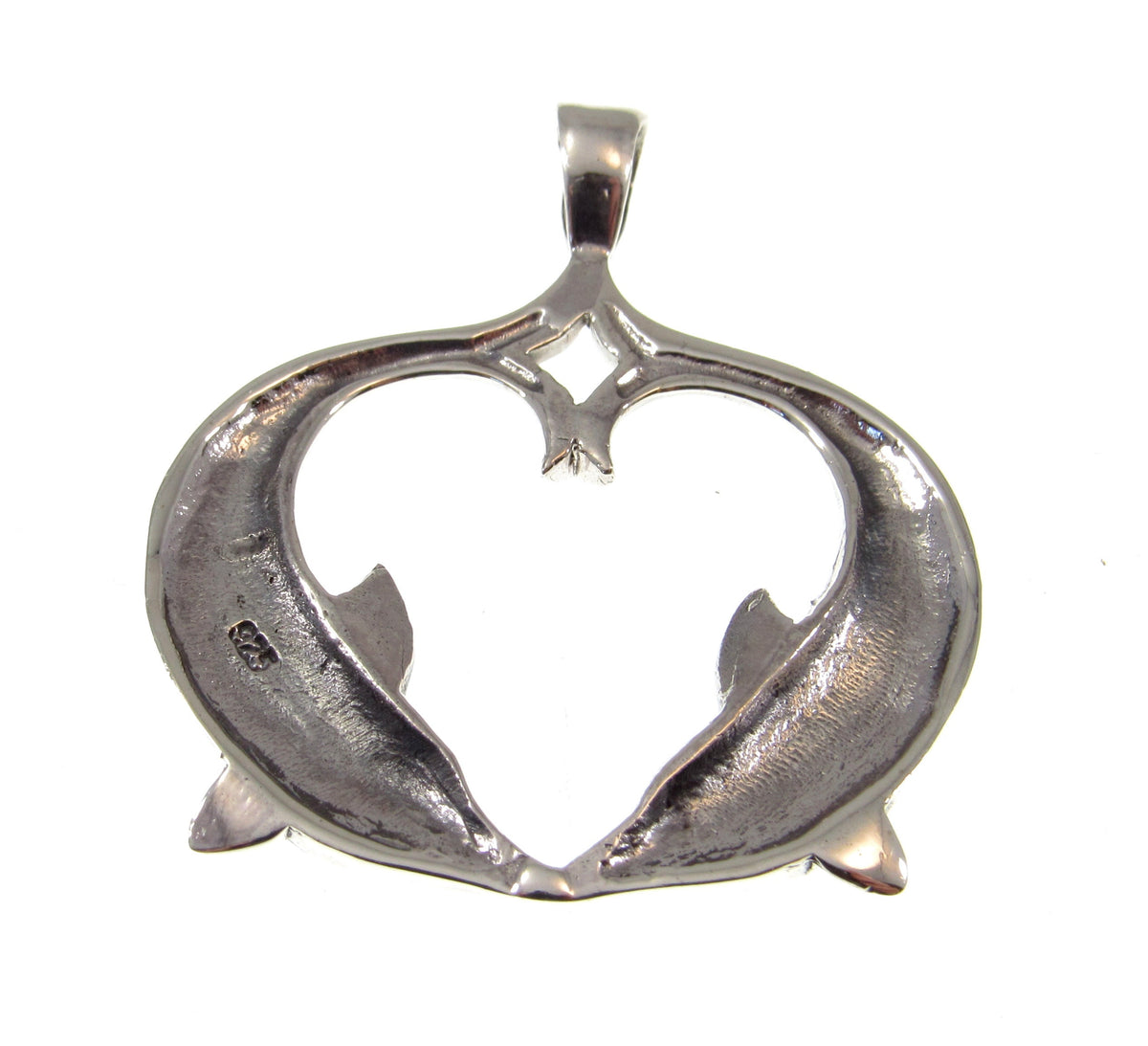 Solid 925 Sterling Silver Double Dolphin Heart Pendant, Pair of Dolphins Slide Pendant
