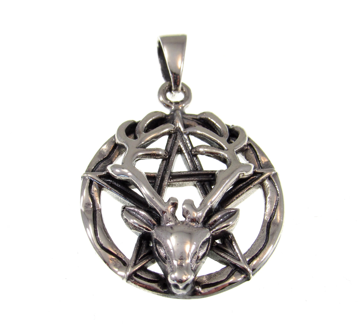 Solid 925 Sterling Silver Horned God Pentagram Pendant – Cernunnos Stag Pentacle, Pagan Protection Amulet