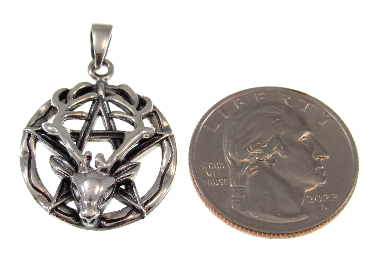 Solid 925 Sterling Silver Horned God Pentagram Pendant – Cernunnos Stag Pentacle, Pagan Protection Amulet