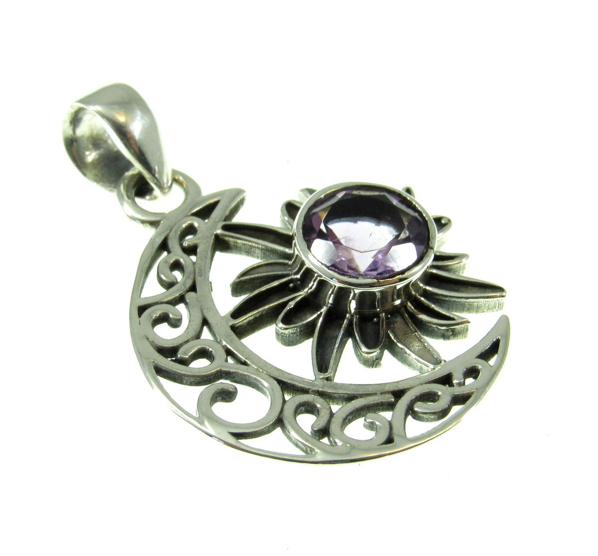 Solid 925 Sterling Silver Crescent Moon & Sun Gemstone Pendant - Amethyst, Citrine, Labradorite, Moonstone, Turquoise