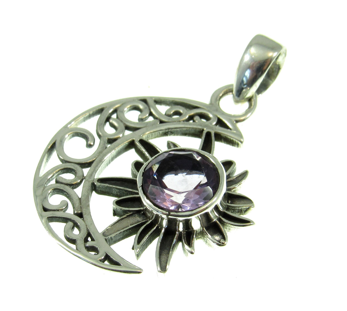 Solid 925 Sterling Silver Crescent Moon & Sun Gemstone Pendant - Amethyst, Citrine, Labradorite, Moonstone, Turquoise