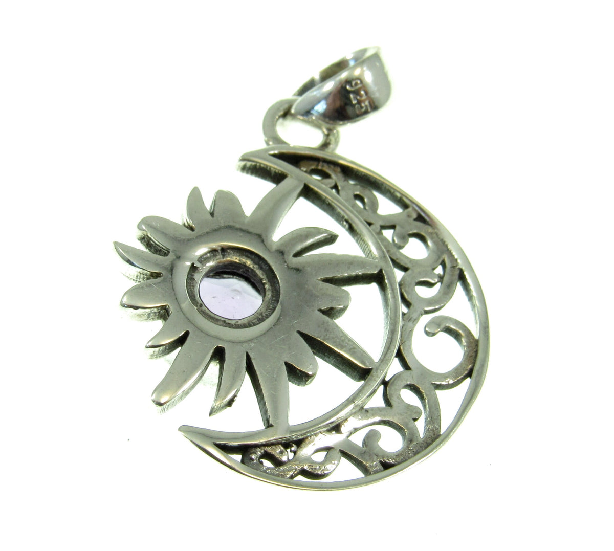 Solid 925 Sterling Silver Crescent Moon & Sun Gemstone Pendant - Amethyst, Citrine, Labradorite, Moonstone, Turquoise