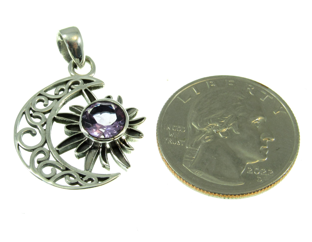 Solid 925 Sterling Silver Crescent Moon & Sun Gemstone Pendant - Amethyst, Citrine, Labradorite, Moonstone, Turquoise