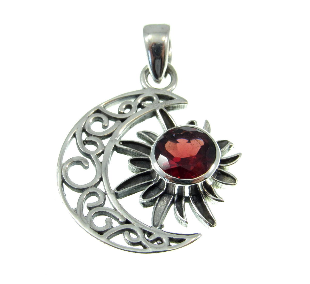 Solid 925 Sterling Silver Crescent Moon & Sun Gemstone Pendant - Amethyst, Citrine, Labradorite, Moonstone, Turquoise