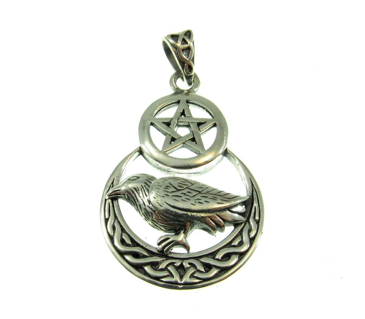 Solid 925 Sterling Silver Raven Celtic Crescent Moon Pentacle Pendant, Pagan Wiccan Witch Amulet