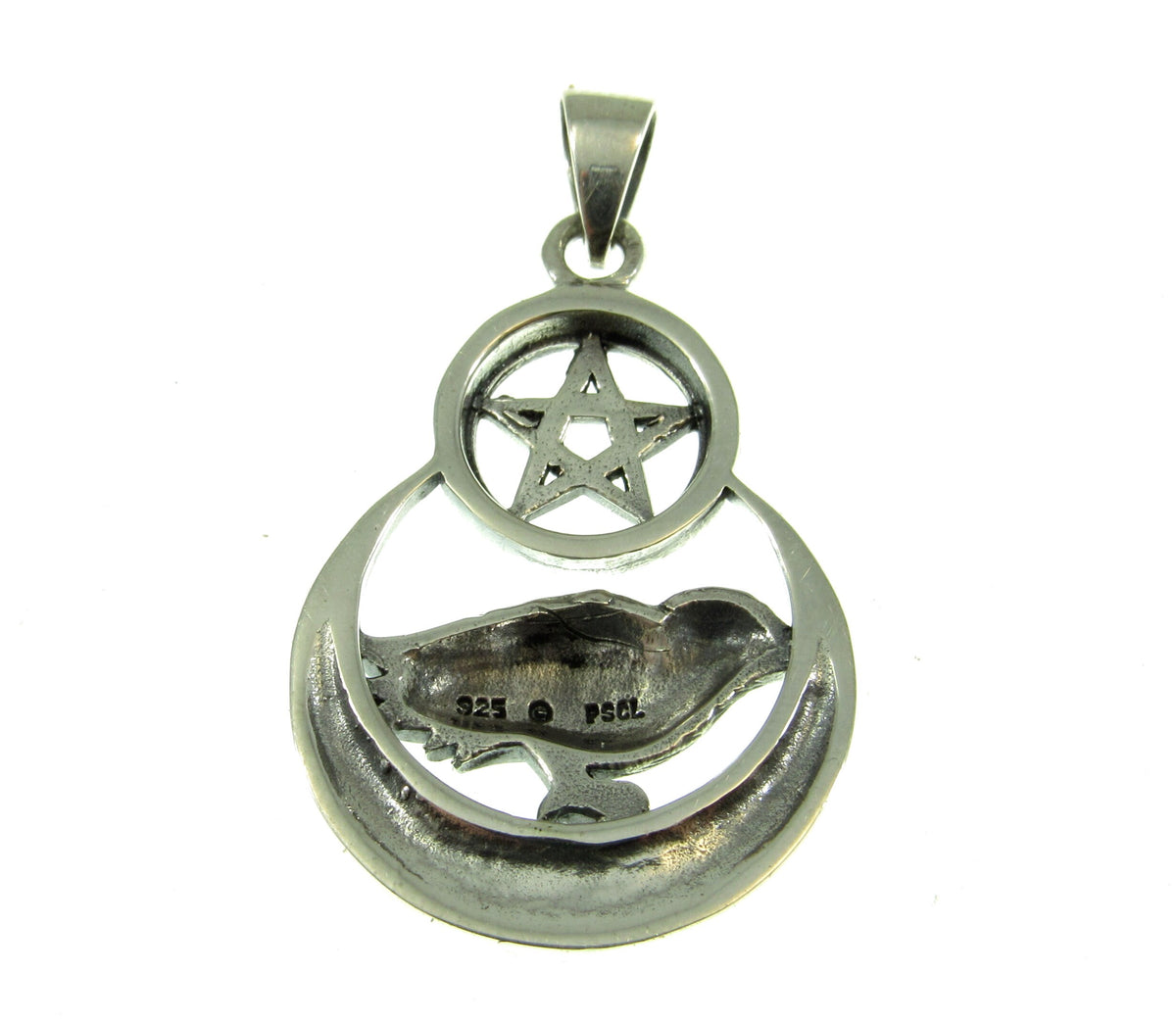 Solid 925 Sterling Silver Raven Celtic Crescent Moon Pentacle Pendant, Pagan Wiccan Witch Amulet