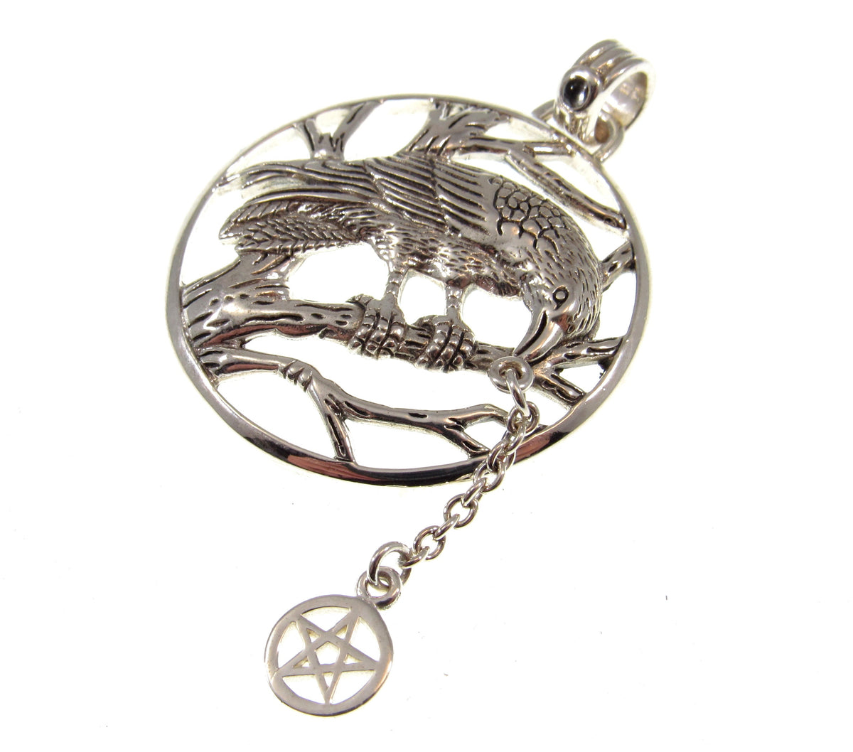 Solid 925 Sterling Silver Raven Macha Goddess Pendant, Celtic Crow Pentacle Amulet, Pentagram Talisman