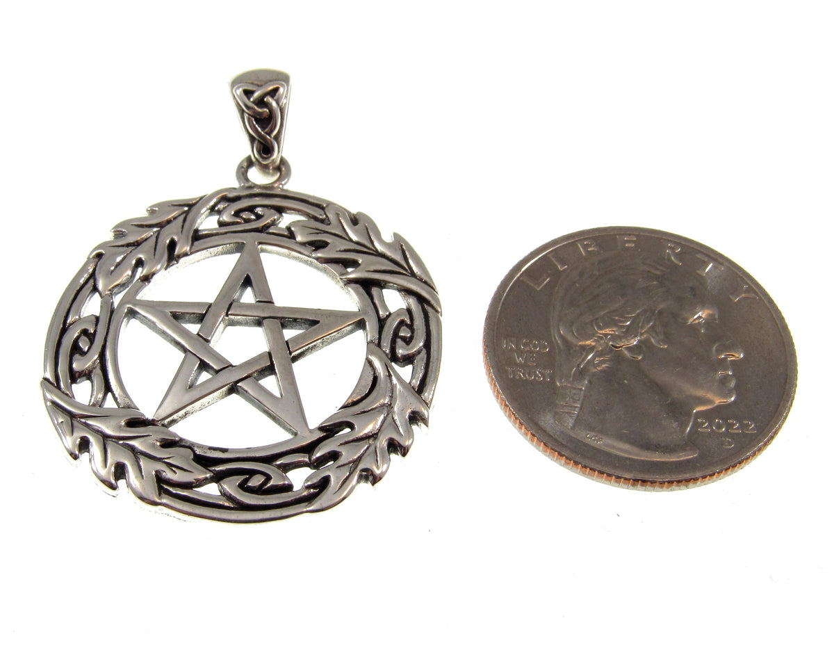 Solid 925 Sterling Silver Oak Leaf Pentacle Pendant, Celtic Knotwork, Pagan Amulet, Wiccan Talisman