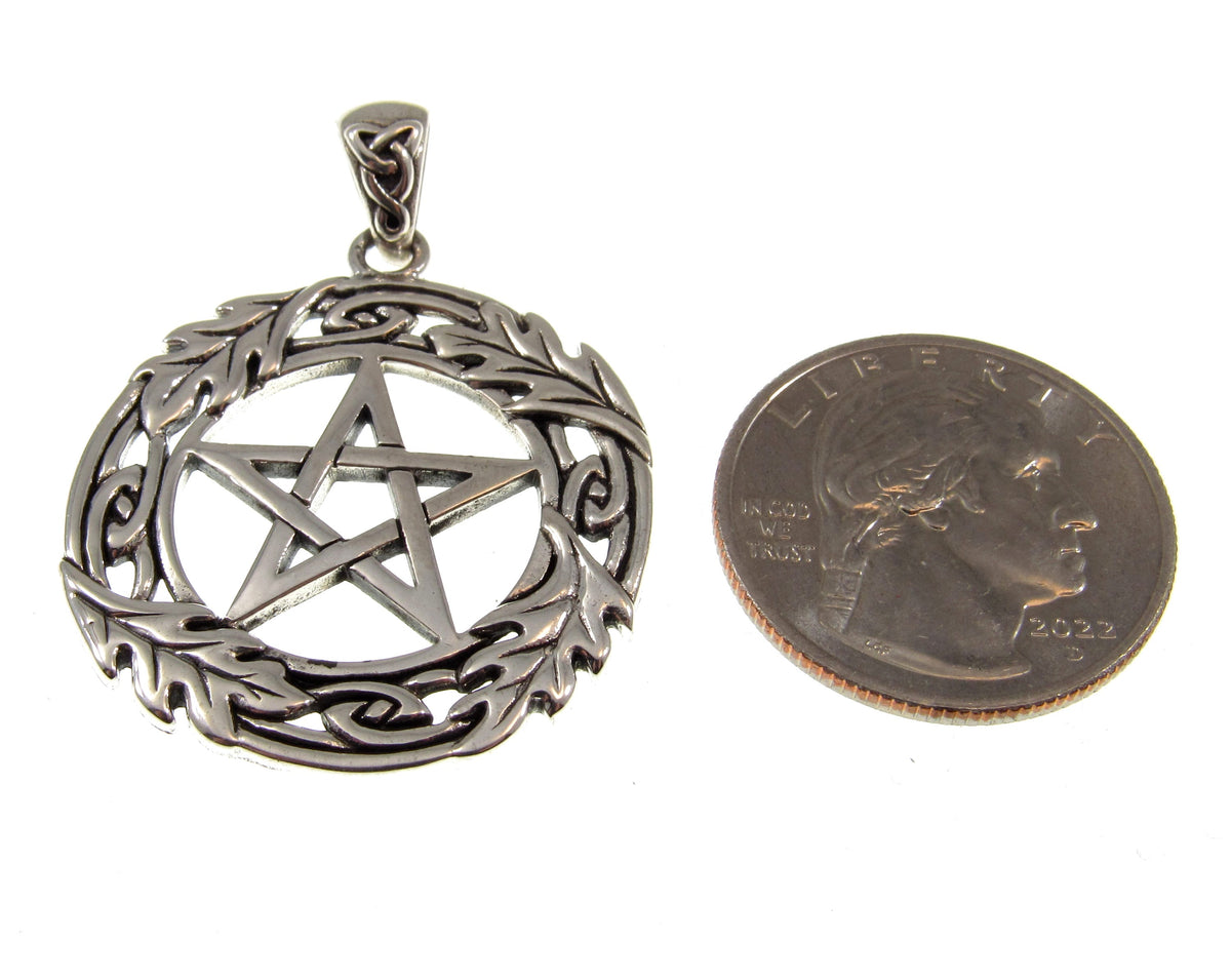 Solid 925 Sterling Silver Oak Leaf Pentacle Pendant, Celtic Knotwork, Pagan Amulet, Wiccan Talisman